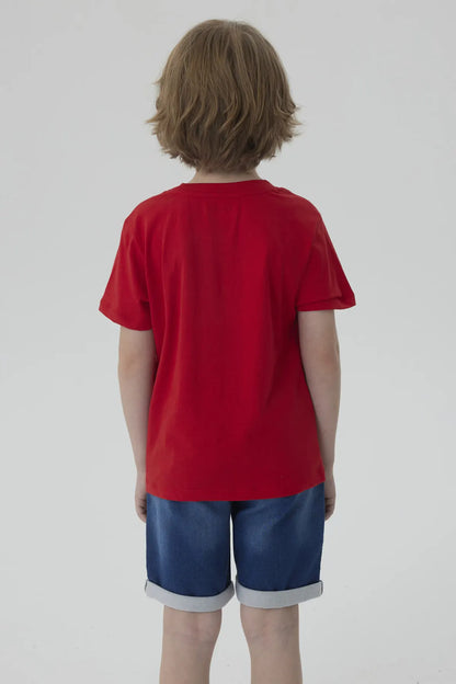 Polera roja de algodón con ilustración de Rayo McQueen, el famoso auto de Cars, mostrando su número 95 y detalles de la carrera en un diseño vibrante.