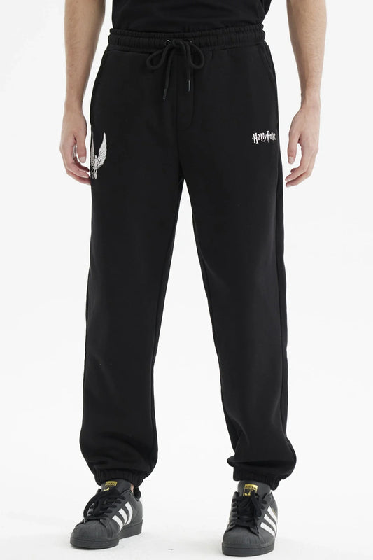 Pantalón buzo negro con el logo de Harry Potter y un estampado de alas plateadas en un costado, ideal para fanáticos de la saga mágica.