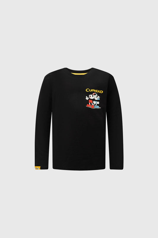 Polera negra de Cuphead con ilustración vibrante del personaje principal y su hermano Mugman, con detalles en amarillo en el cuello y puños.
