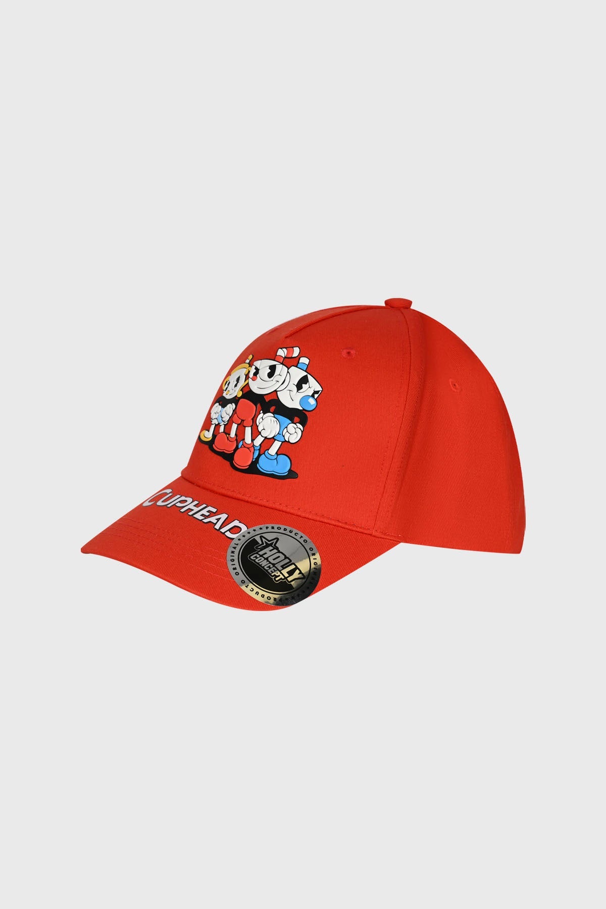 Jockey Cuphead Damasco en rojo vibrante con ilustración de Cuphead, Mugman y Ms. Chalice, representando la icónica saga de videojuegos en su diseño.