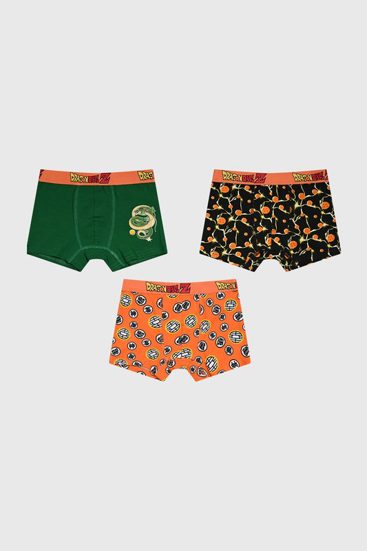 Boxer tripack de Dragon Ball Z con colores verde, naranja y negro, presentan estampados de Shenron, esferas del dragón y símbolos de artes marciales.