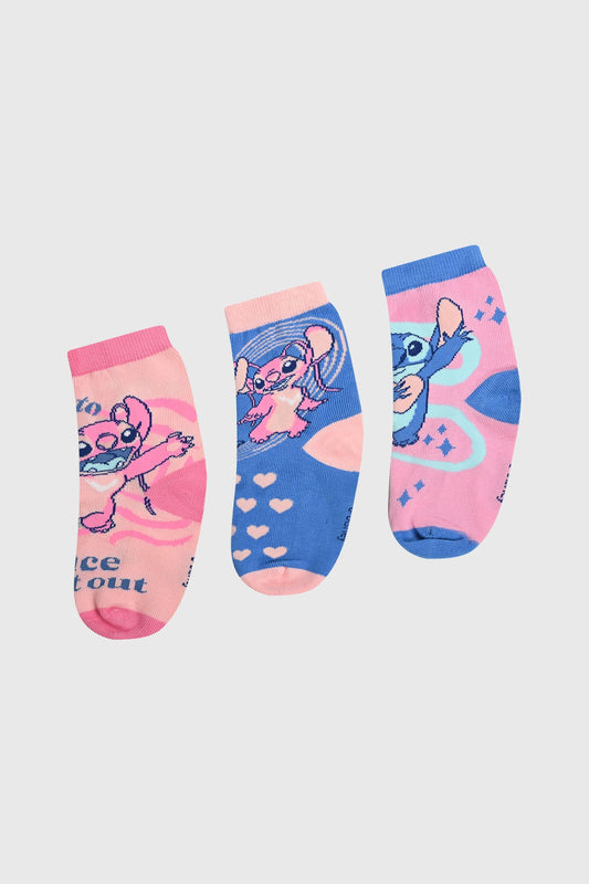 Tripack de calcetines en tonos rosa y azul con estampados de Stitch y Angel, mostrando sus icónicas poses y corazones, ideal para fans de Lilo & Stitch.