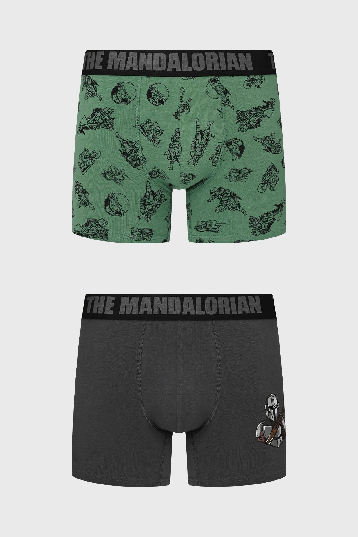 Boxer Mandalorian Marengo en verde con estampado de personajes y naves en negro, elástico con el texto 'THE MANDALORIAN', ideal para fans de Star Wars.