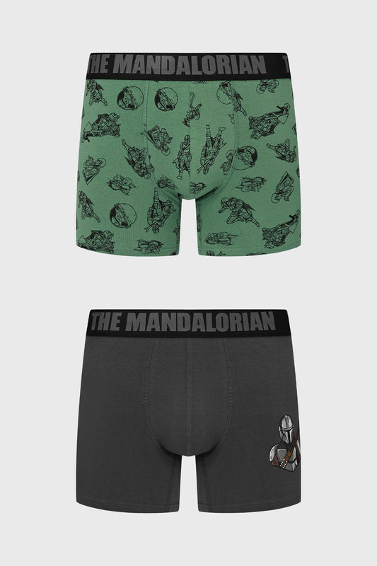 Boxer Mandalorian Marengo en verde con estampado de personajes y naves en negro, elástico con el texto 'THE MANDALORIAN', ideal para fans de Star Wars.